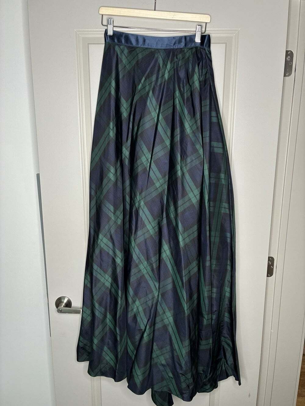 Heidi Weisel VTG 100% Silk Aysmmetrical Taffeta Maxi Skirt Green Tartan Plaid 10